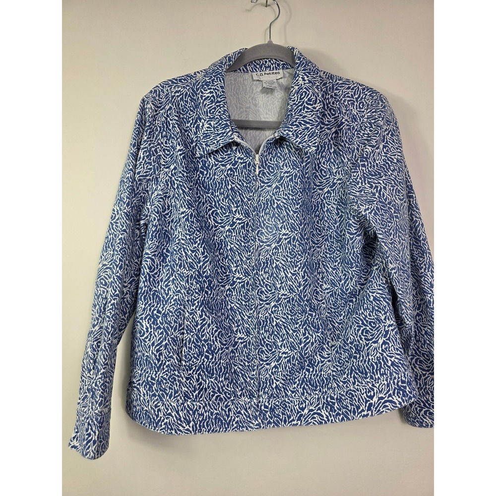 C.D. Petites Women's Full Zip Jacket Blue White Abstract Coral Print Size PM